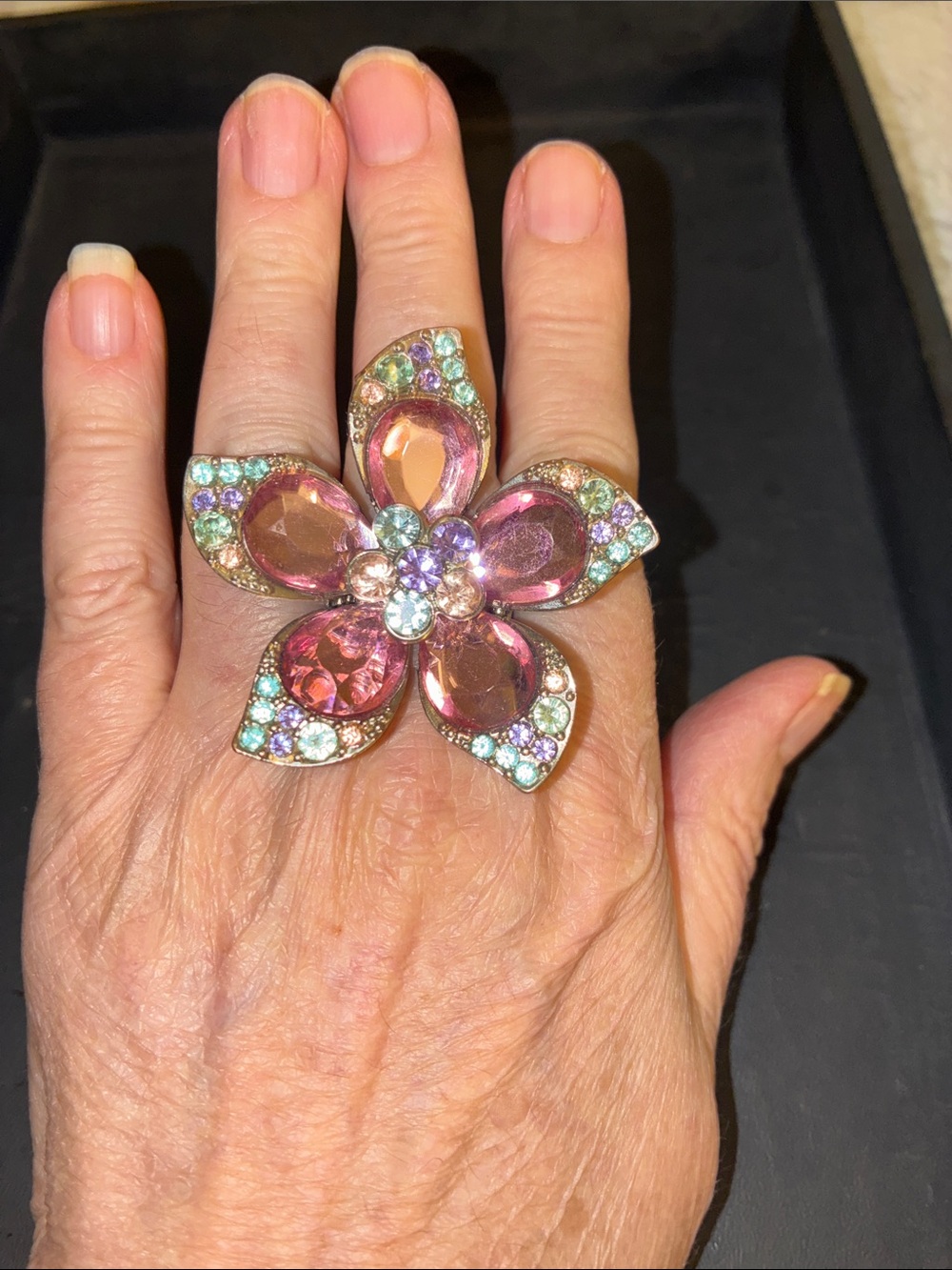 Statement Pink Crystal Flower Stretch Ring - Sparkling Floral Cocktail Ring